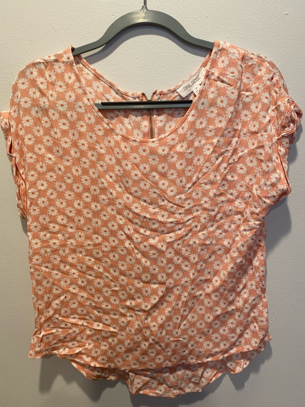 Pink Rose Peach Daisy Print Short Sleeve Top